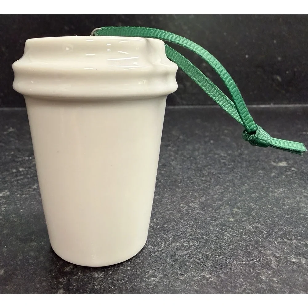 2016 Starbucks Mini Ceramic Cup Ornament Green Strap 2.5